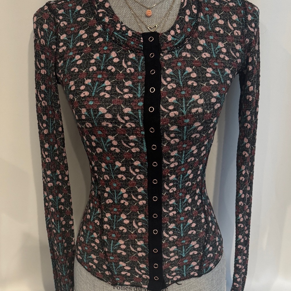 Free People Intimately Black and Pink Floral Waffle Knit XS